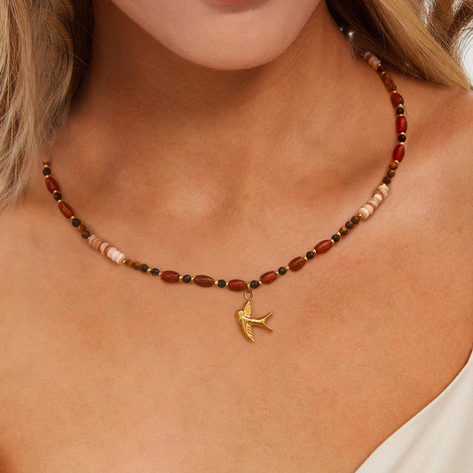 Women's Beaded Necklace Gold Tiger Eye Stainless Steel