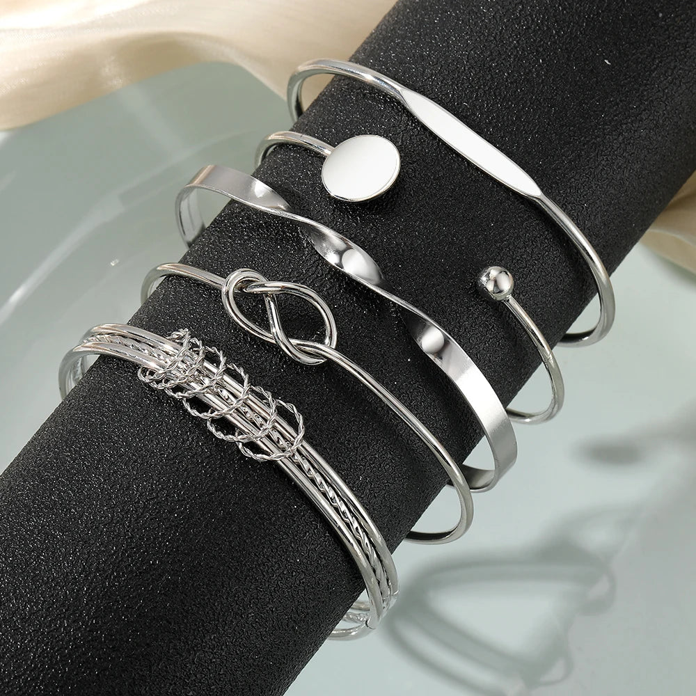 Women’s Bangle Bracelet Set Silver Stainless Steel 5 Piece Stack