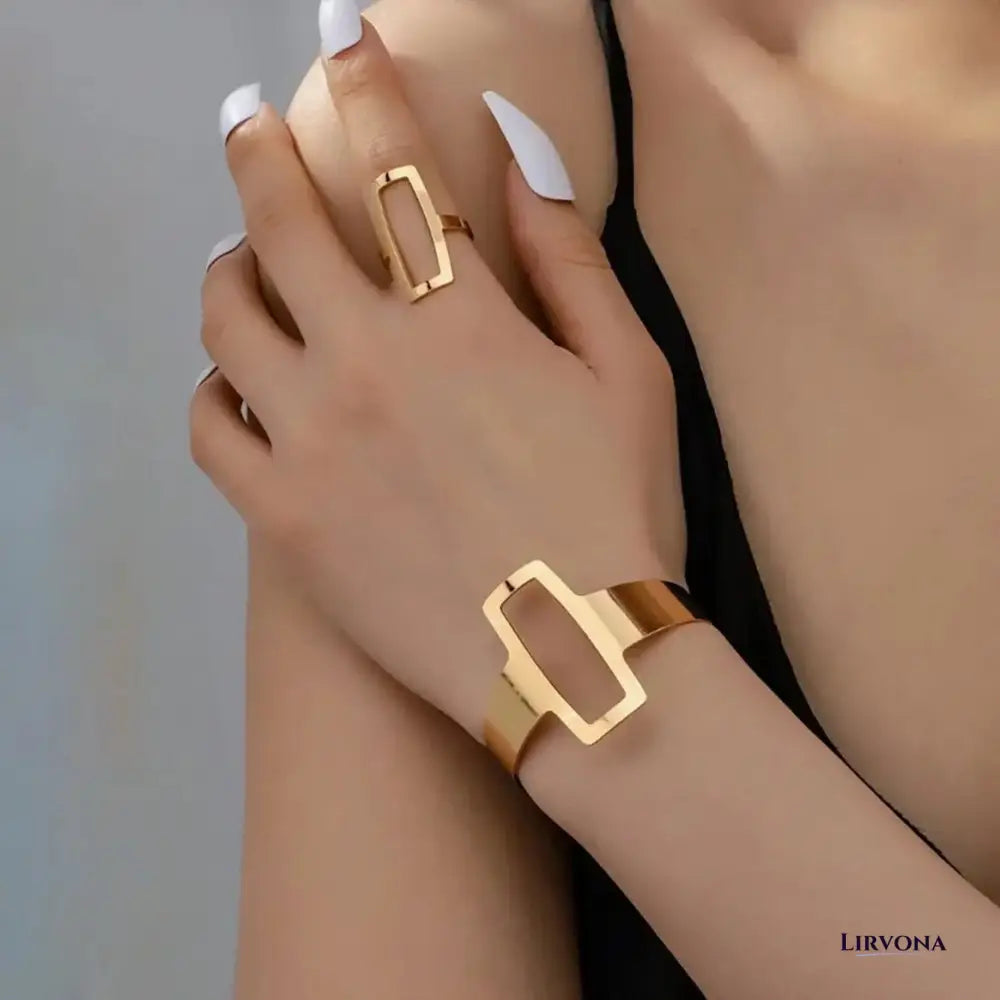 Women’s Jewelry Set Gold Stainless Steel Adjustable Bracelet and Ring