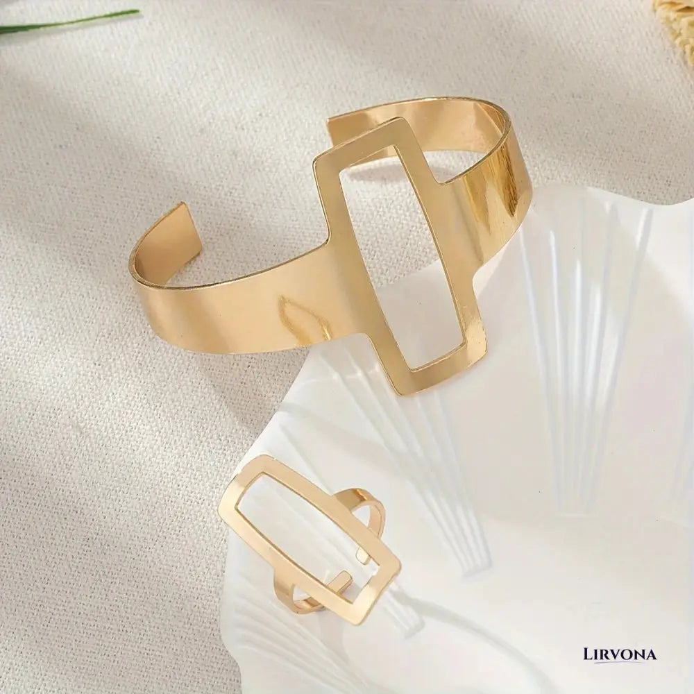 Women’s Jewelry Set Gold Stainless Steel Adjustable Bracelet and Ring