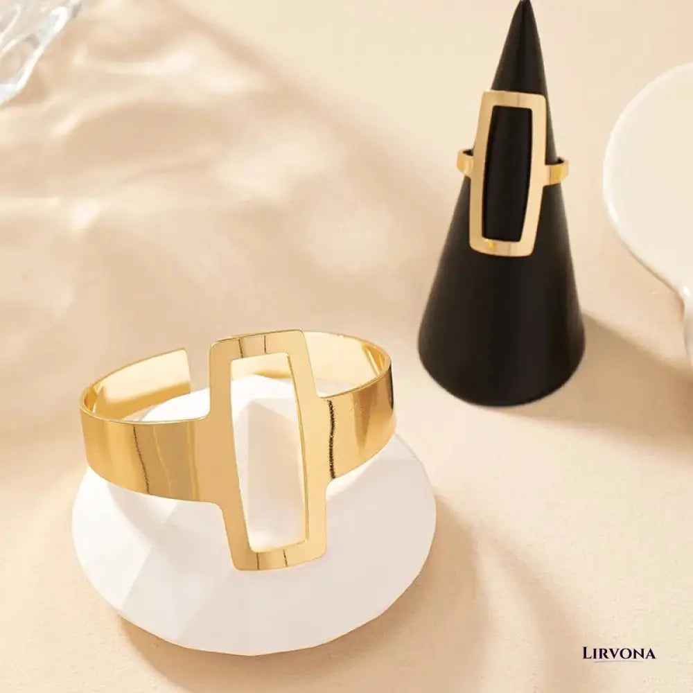 Women’s Jewelry Set Gold Stainless Steel Adjustable Bracelet and Ring
