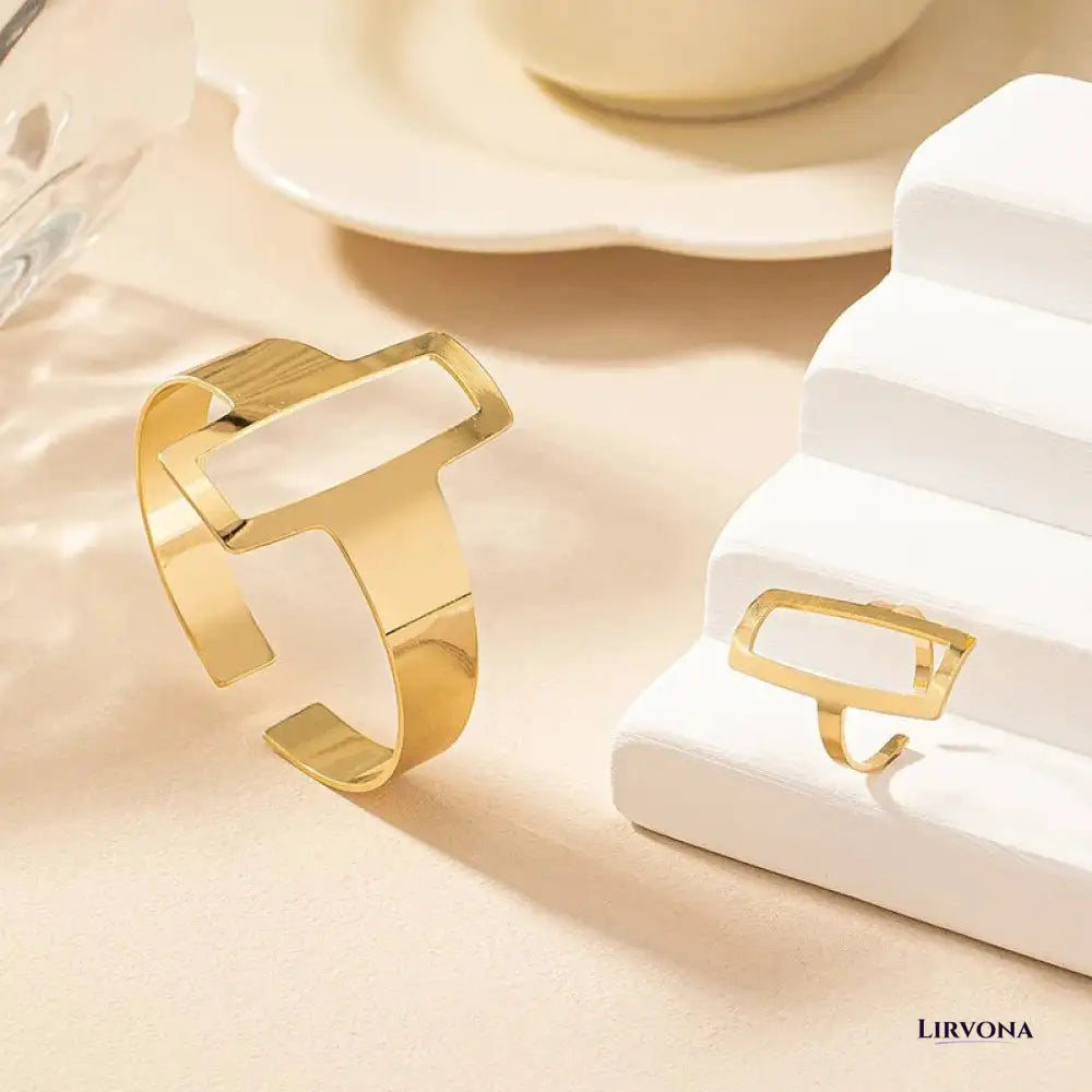 Women’s Jewelry Set Gold Stainless Steel Adjustable Bracelet and Ring