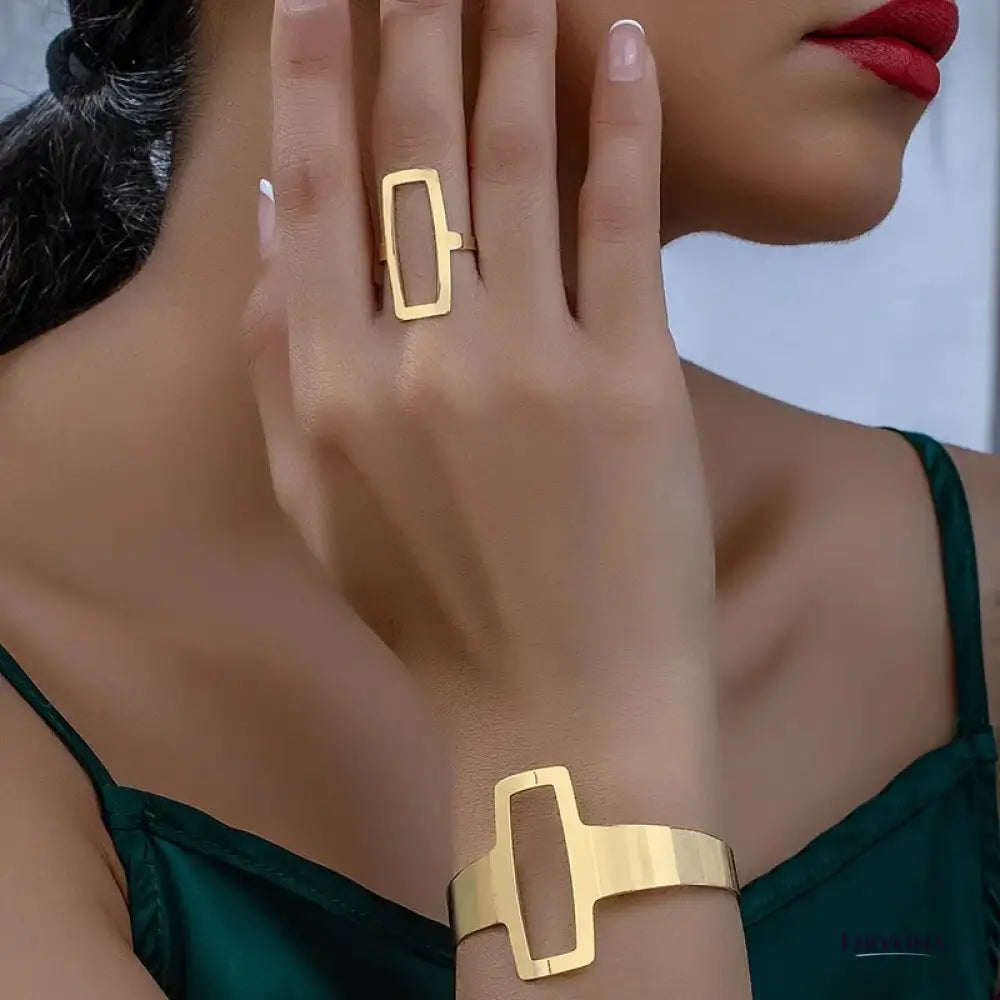 Women’s Jewelry Set Gold Stainless Steel Adjustable Bracelet and Ring