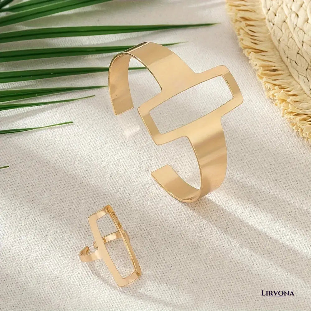 Women’s Jewelry Set Gold Stainless Steel Adjustable Bracelet and Ring