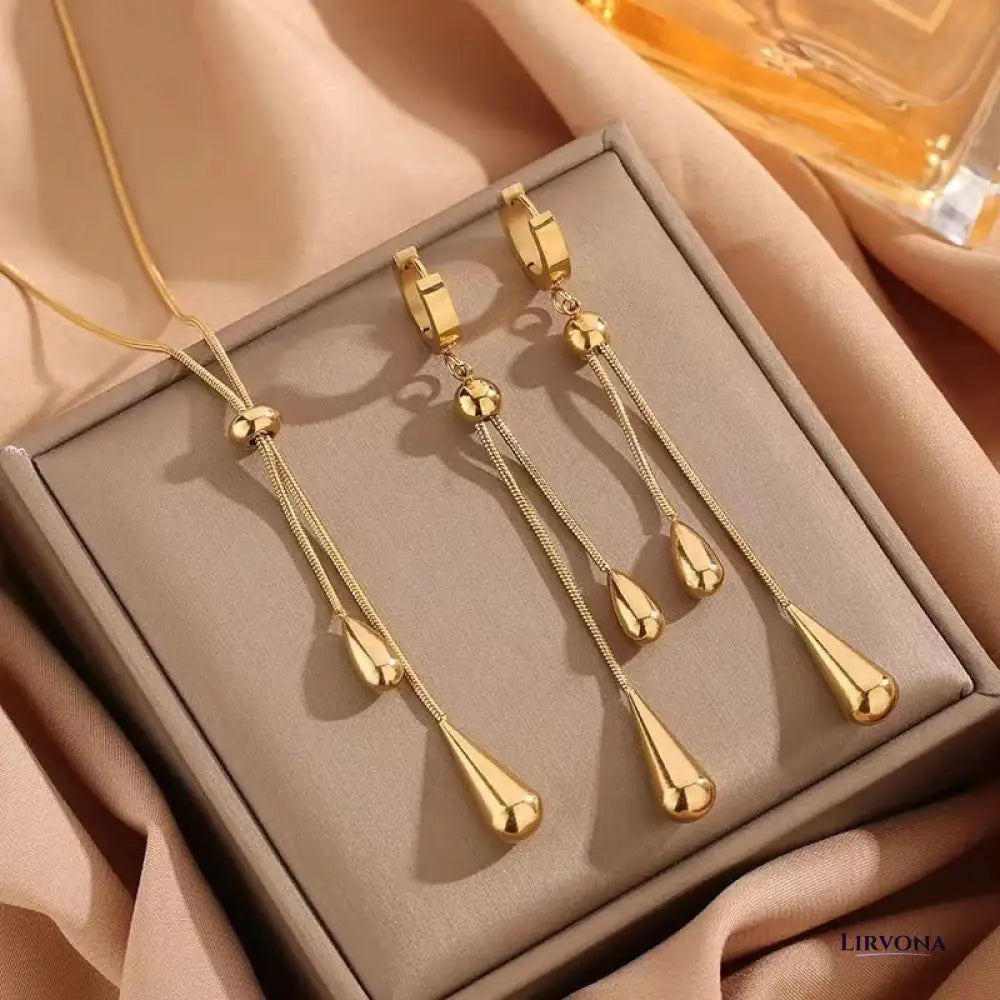 Women’s Necklace and Earrings Set Silver Stainless Steel Adjustable Lariat