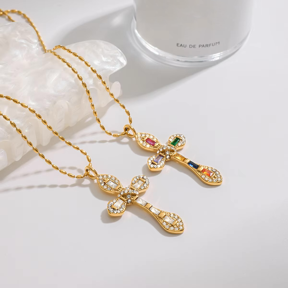 Women's Diamond Crucifix Necklace Gold Stainless Steel - 3