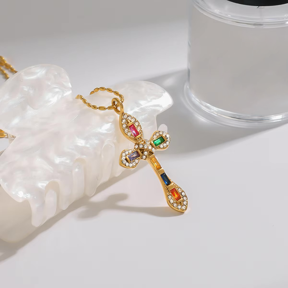 Women's Diamond Crucifix Necklace Gold Stainless Steel - 5