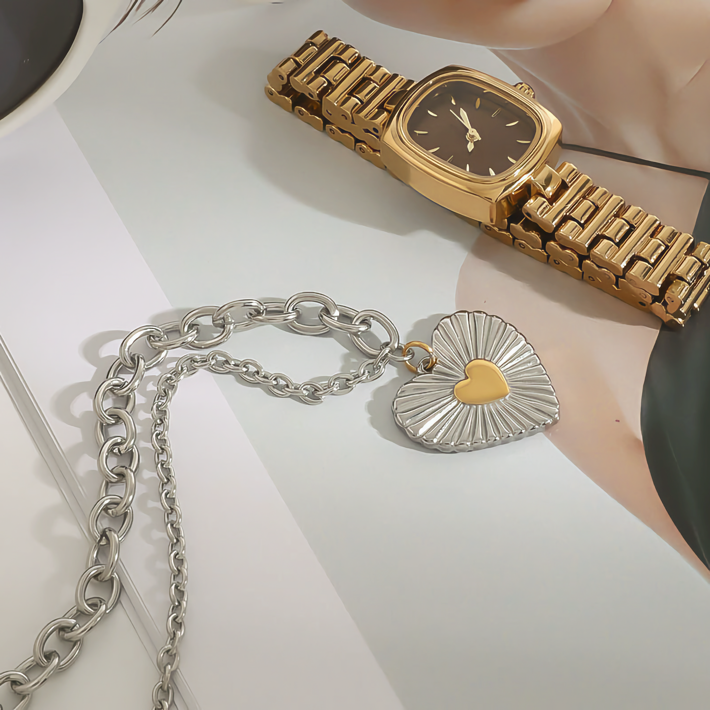 Women's Pendant Two-Tone Silver Gold Stainless Steel Heart Necklace - 3