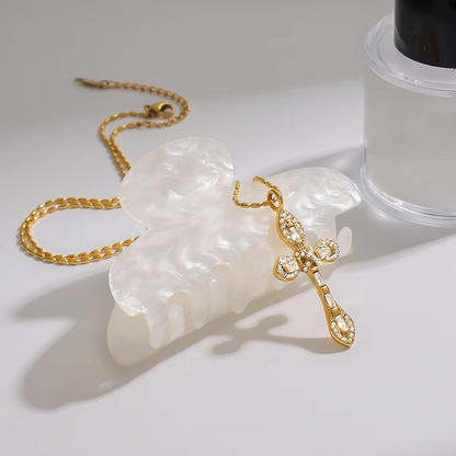 Women's Diamond Crucifix Necklace Gold Stainless Steel - 4