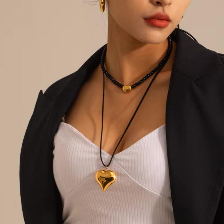Womens Necklace Black 18K Gold Plated Stainless Steel