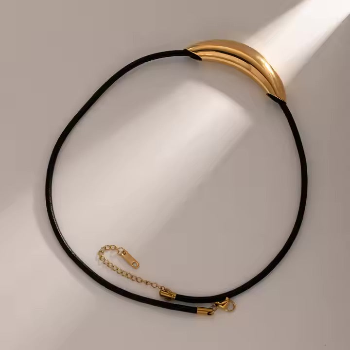 Women's Gold Pendant Necklace Black Cord Stainless Steel - 5