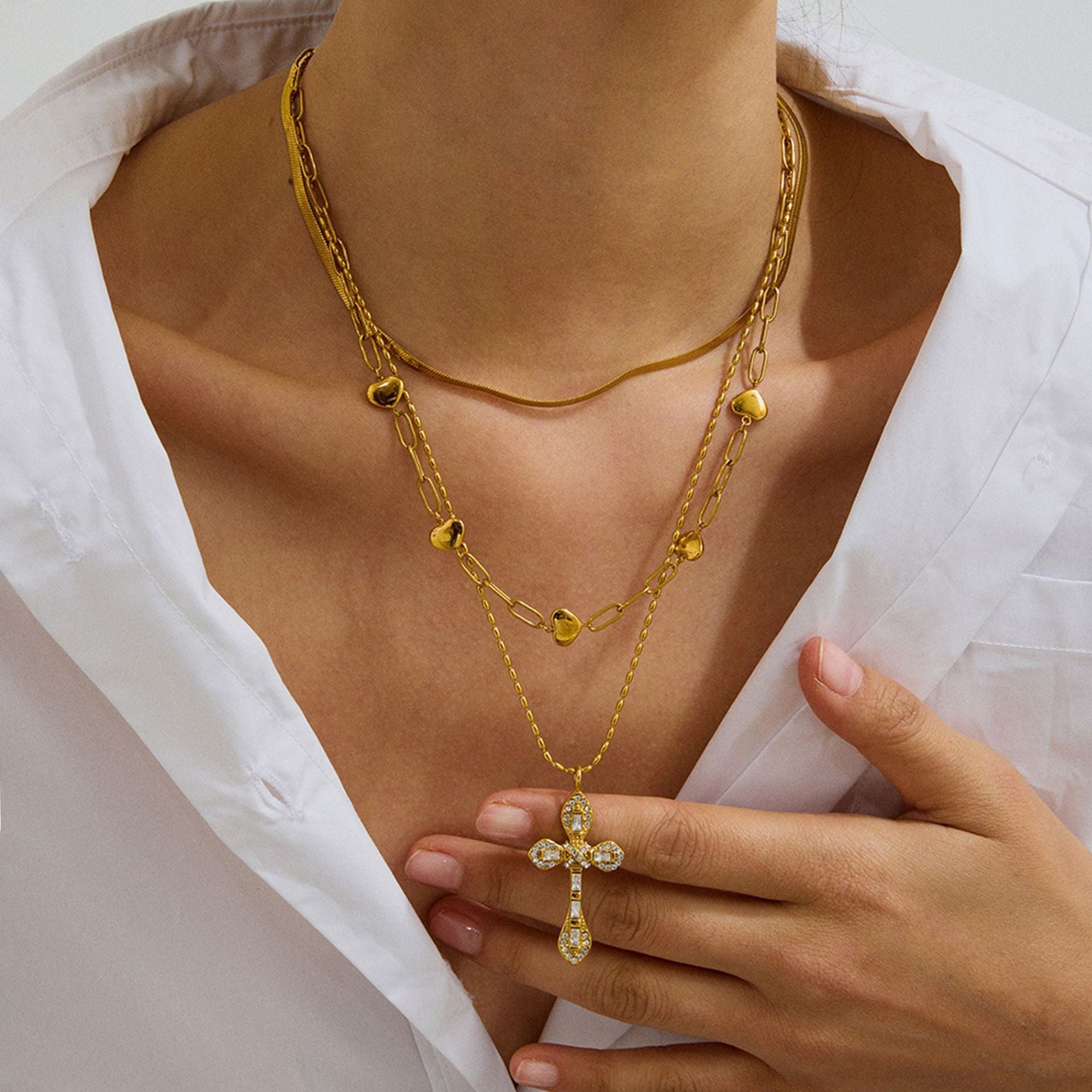 Women's Diamond Crucifix Necklace Gold Stainless Steel - 6