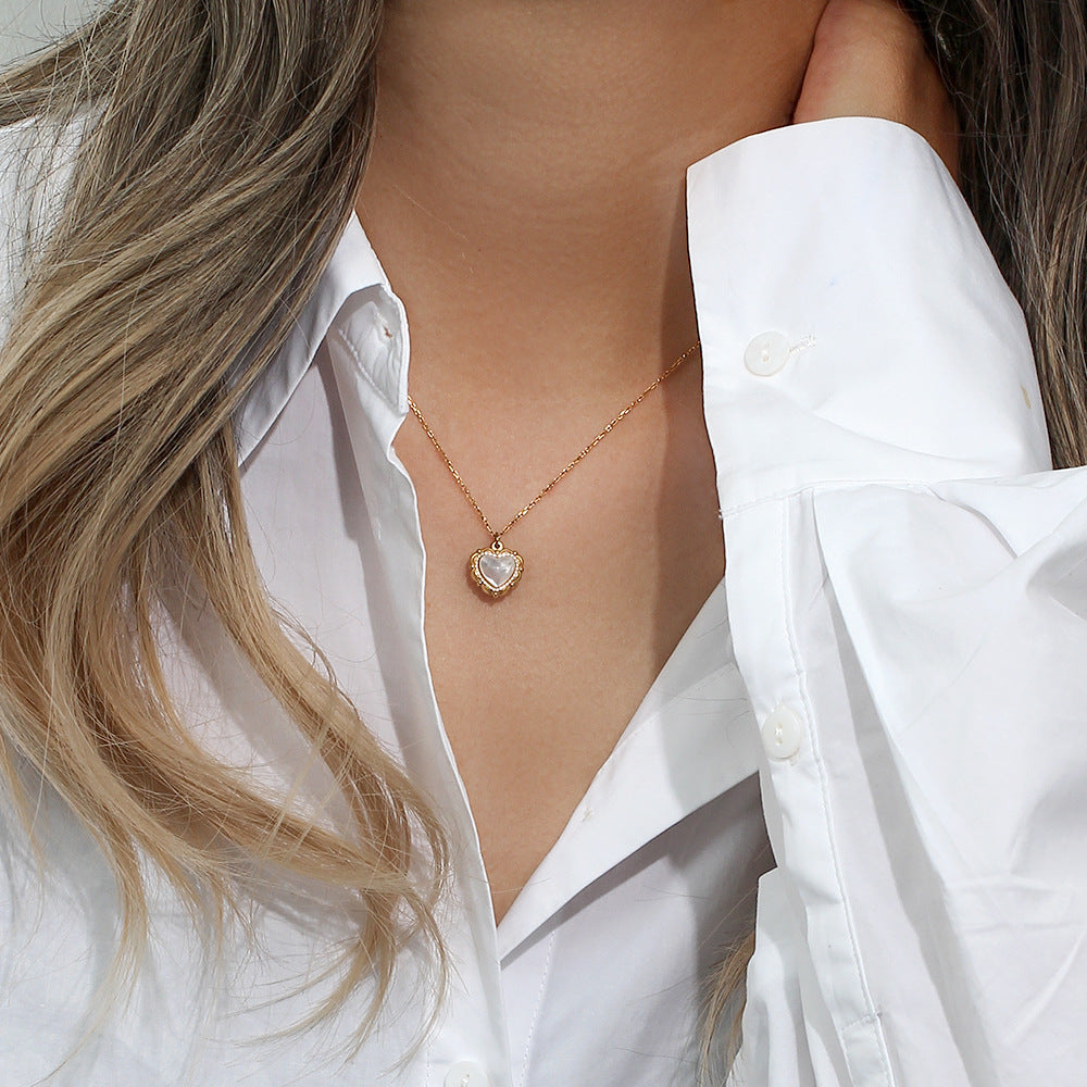 Women's Pearl Necklace Gold Stainless Steel Heart Pendant for Girlfriend - 2