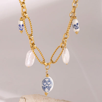 Women's Necklace Light Blue Gold Plated Freshwater Pearl