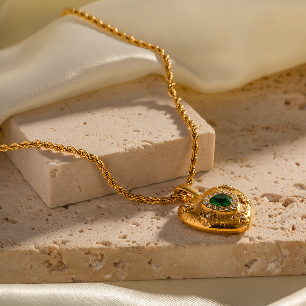 Women's Heart Necklace Gold Stainless Steel with Emerald Accent - 6