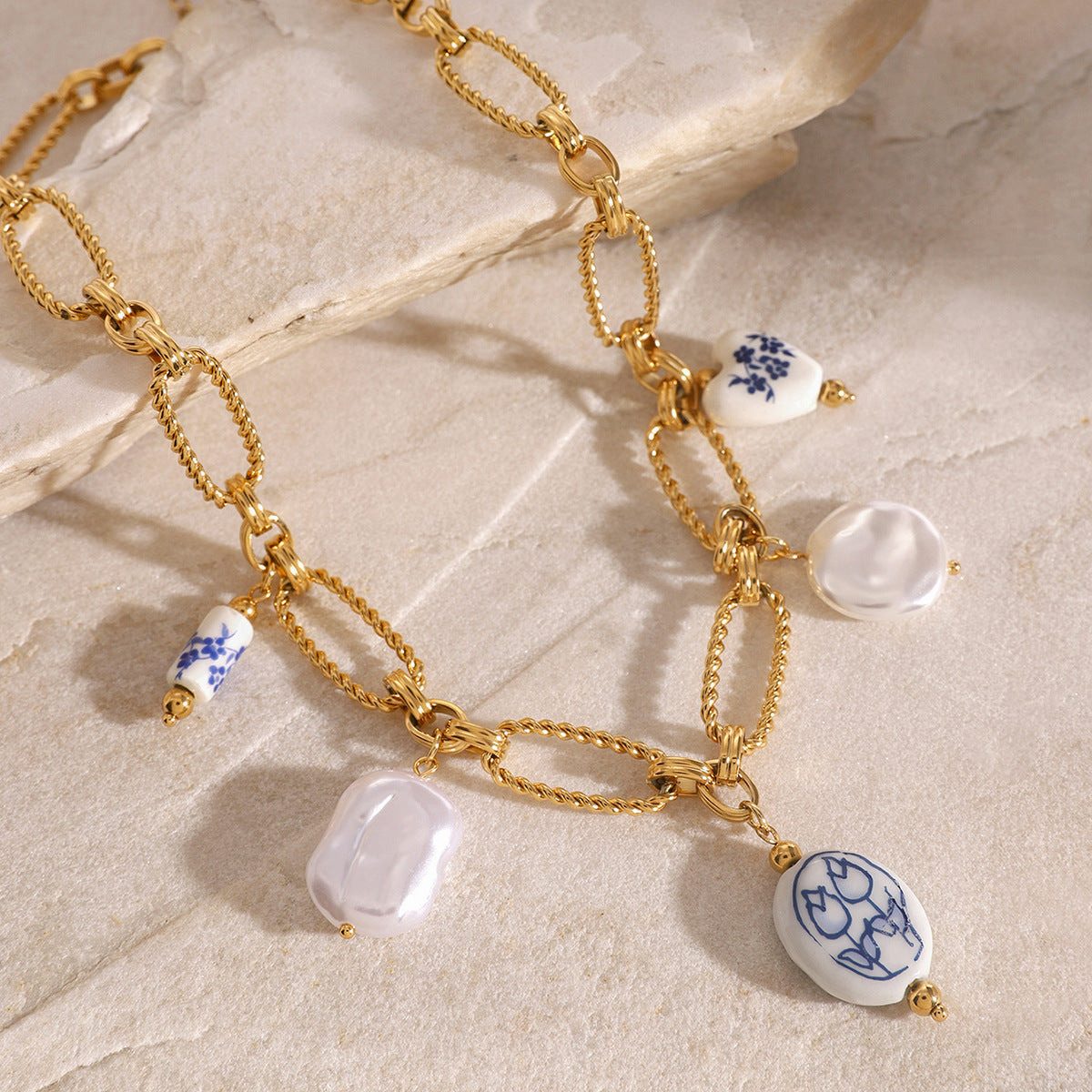 Women's Necklace Light Blue Gold Plated Freshwater Pearl