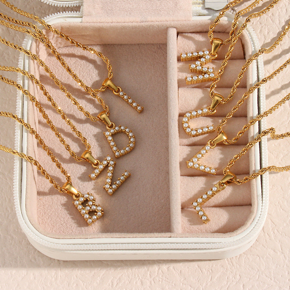 Women's Initial Necklace Gold Freshwater Pearl 18k Waterproof - 3