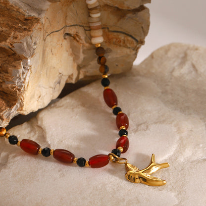 Women's Beaded Necklace Gold Tiger Eye Stainless Steel