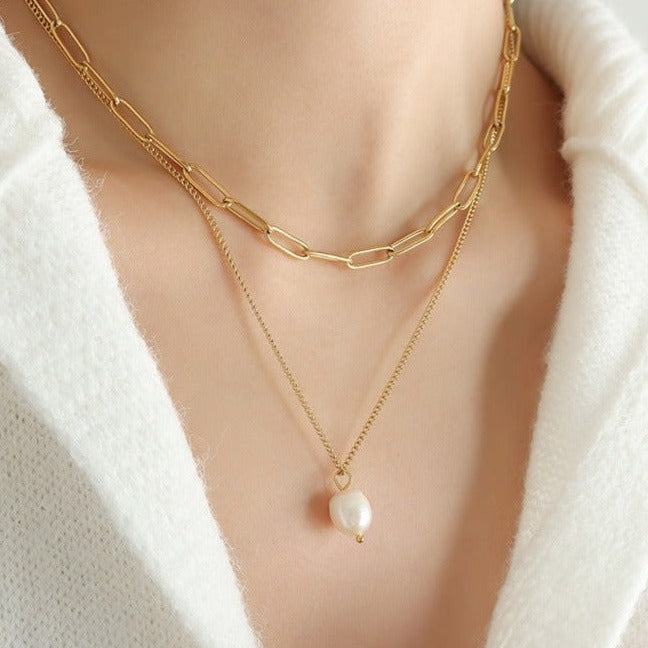 Women's Pearl Necklace Gold Stainless Steel Paperclip Chain - 4