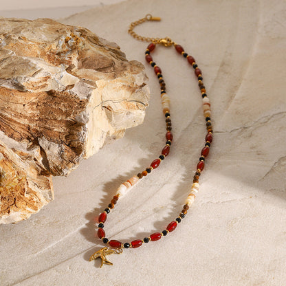 Women's Beaded Necklace Gold Tiger Eye Stainless Steel