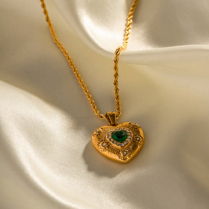 Women's Heart Necklace Gold Stainless Steel with Emerald Accent - 4