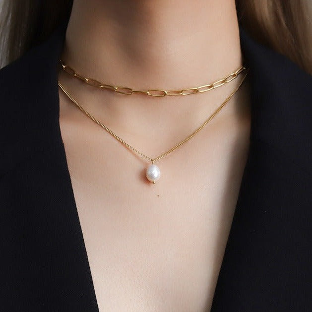 Women's Pearl Necklace Gold Stainless Steel Paperclip Chain - 2