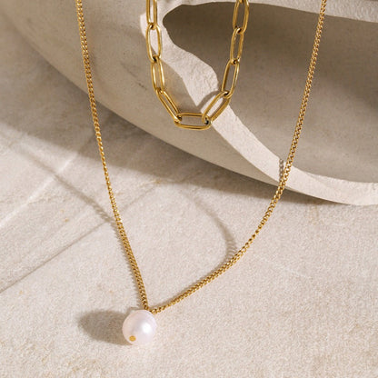 Women's Pearl Necklace Gold Stainless Steel Paperclip Chain - 6