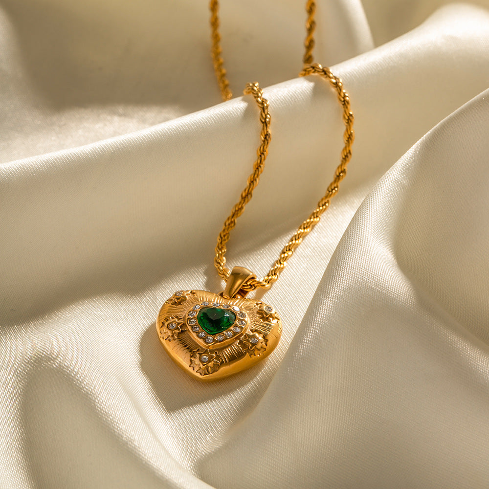 Women's Heart Necklace Gold Stainless Steel with Emerald Accent - 3