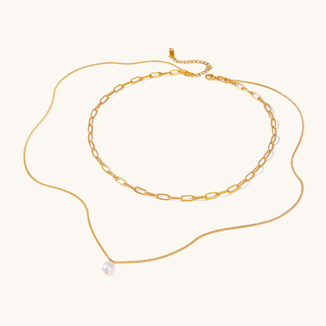 Women's Pearl Necklace Gold Stainless Steel Paperclip Chain - 7