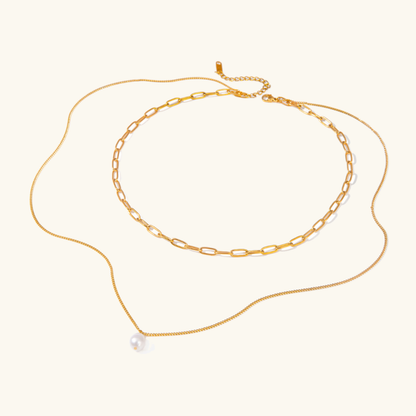 Women's Pearl Necklace Gold Stainless Steel Paperclip Chain - 7