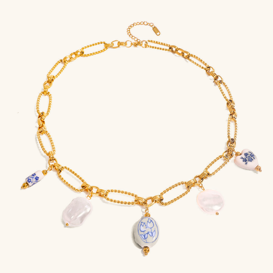 Women's Necklace Light Blue Gold Plated Freshwater Pearl