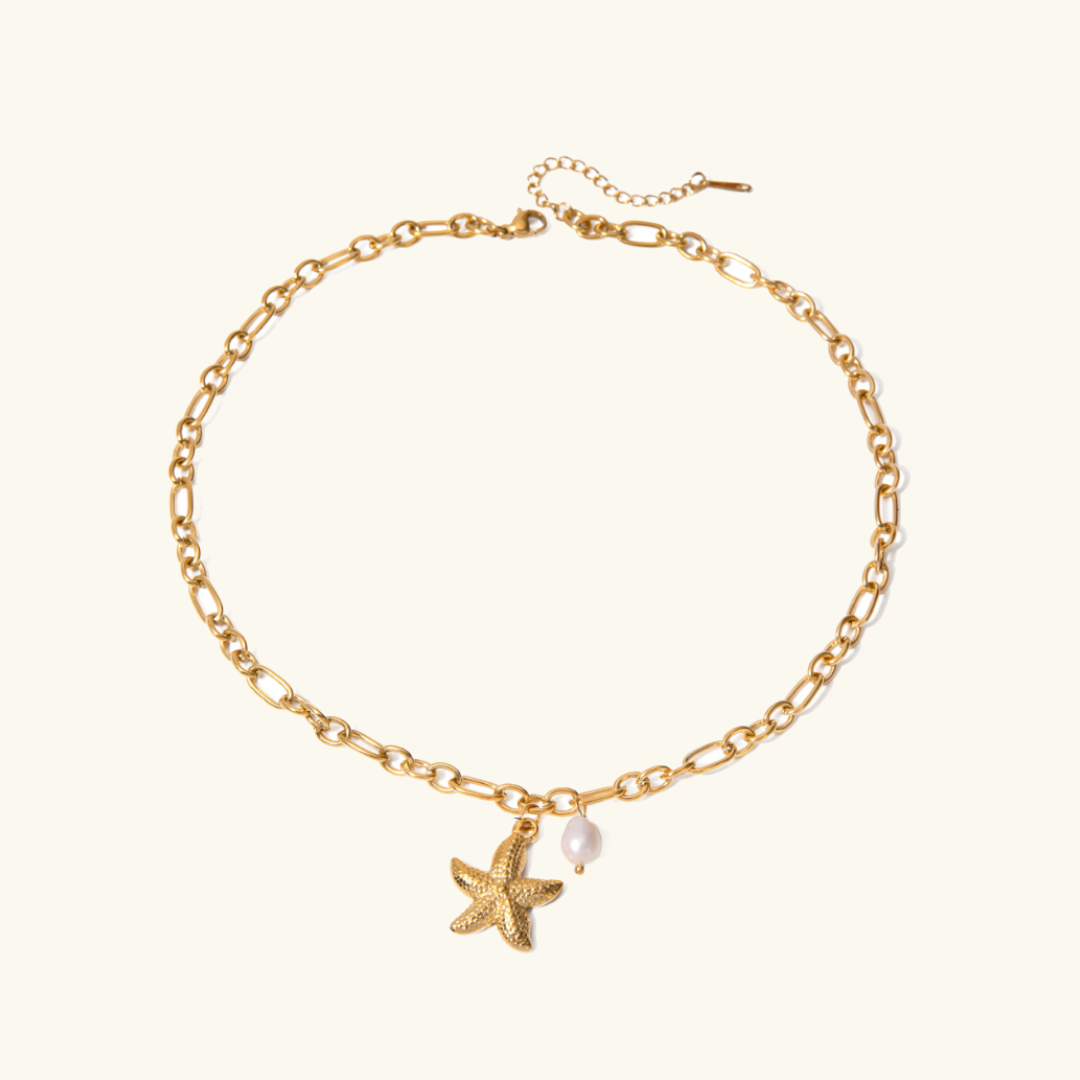 Women's Gold Necklace with Freshwater Pearl Starfish Pendant - 1