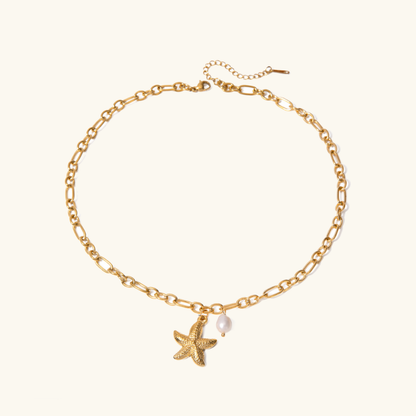 Women's Gold Necklace with Freshwater Pearl Starfish Pendant - 1
