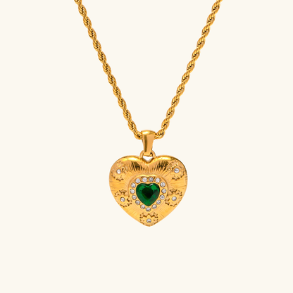 Women's Heart Necklace Gold Stainless Steel with Emerald Accent - 1
