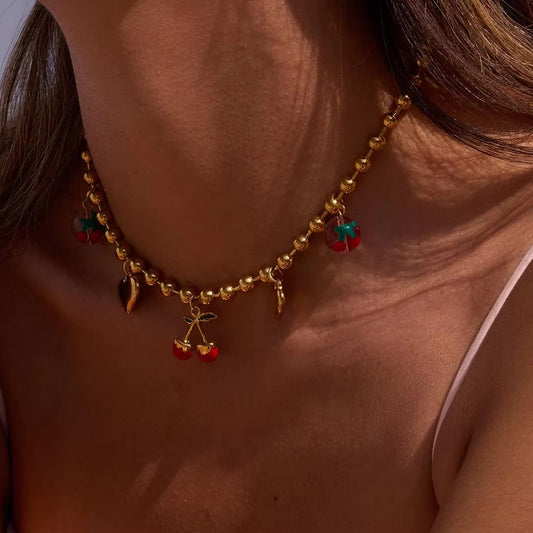 Women's Cherry Necklace Gold Stainless Steel - 2