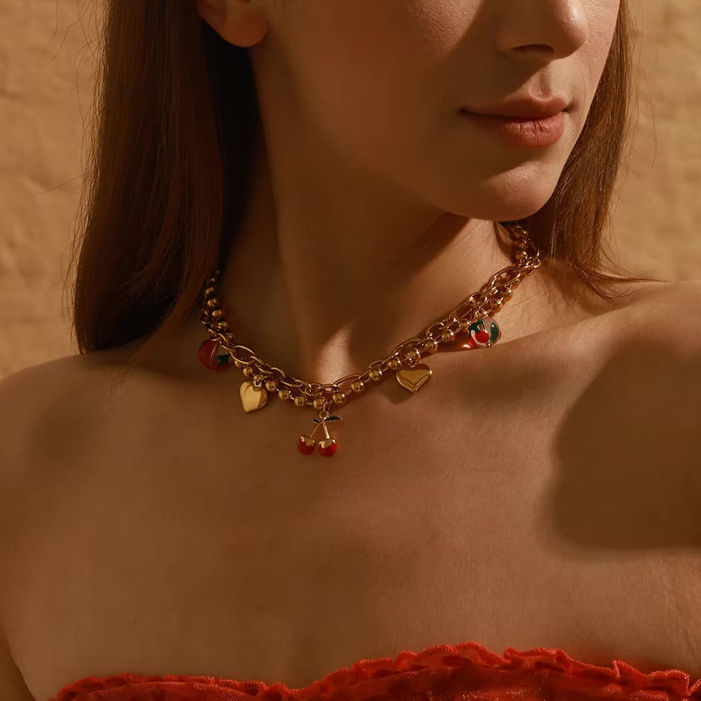 Women's Cherry Necklace Gold Stainless Steel - 6