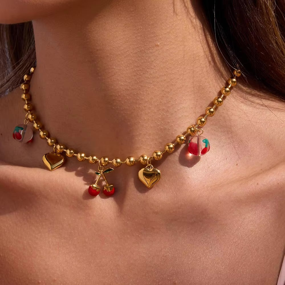 Women's Cherry Necklace Gold Stainless Steel - 3