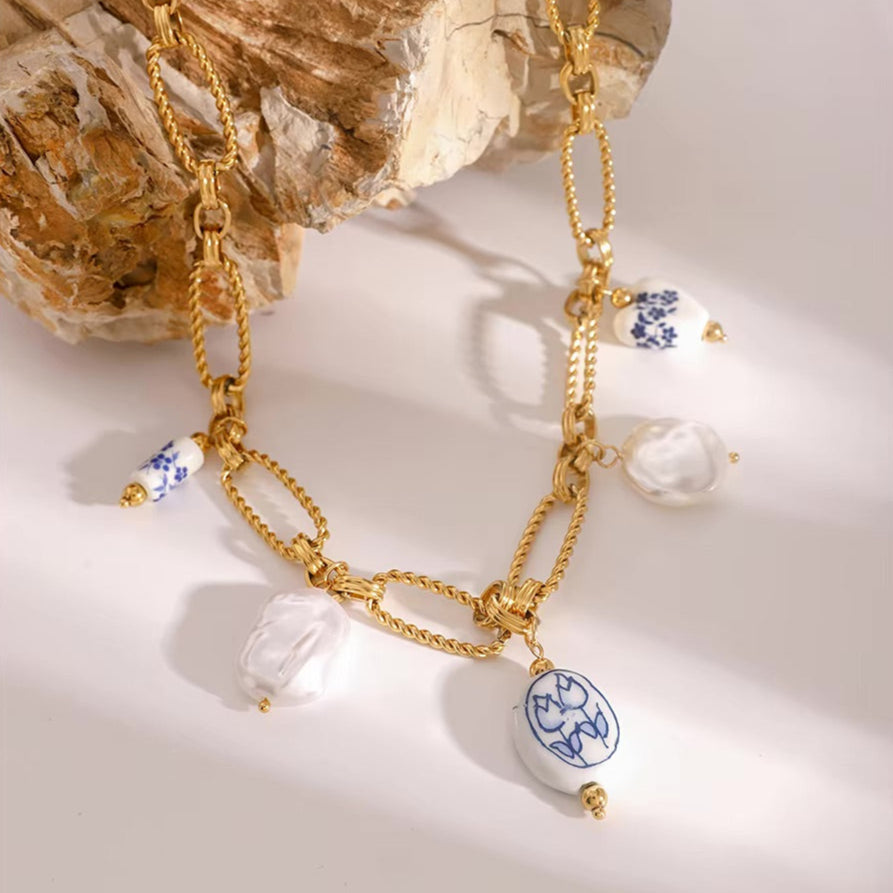Women's Necklace Light Blue Gold Plated Freshwater Pearl