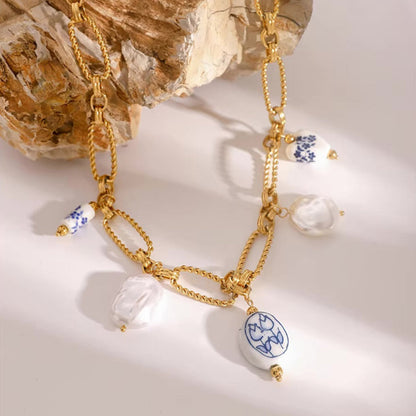 Women's Necklace Light Blue Gold Plated Freshwater Pearl