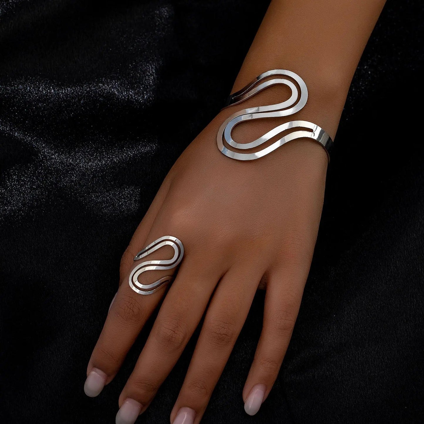 Women’s Adjustable Bracelet Ring Set Silver Stainless Steel