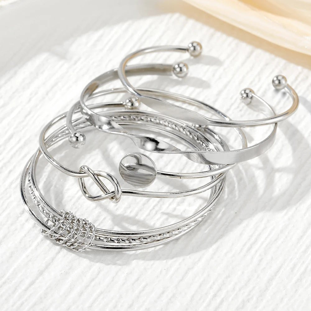 Women’s Bangle Bracelet Set Silver Stainless Steel 5 Piece Stack