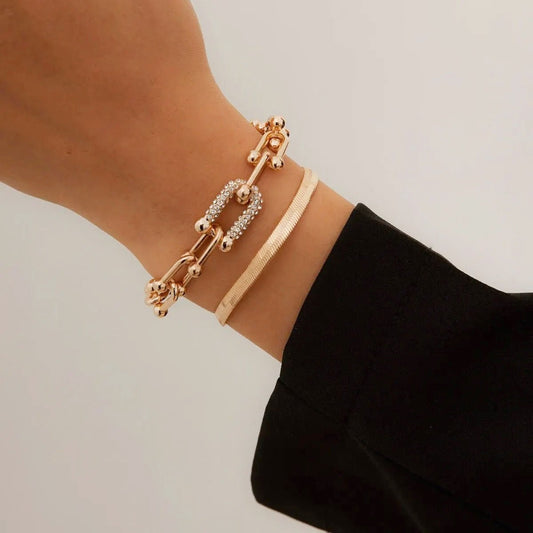 Women’s Bracelet Set Gold Stainless Steel Chain Lock & Herringbone