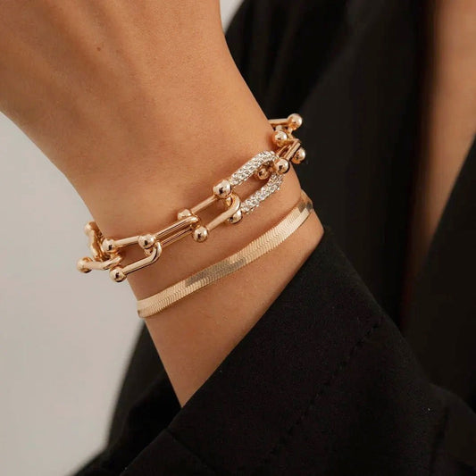 Women’s Bracelet Set Gold Stainless Steel Chain Lock & Herringbone