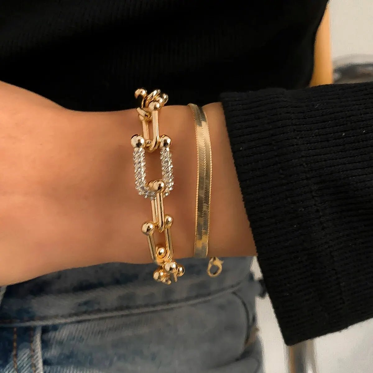 Women’s Bracelet Set Gold Stainless Steel Chain Lock & Herringbone