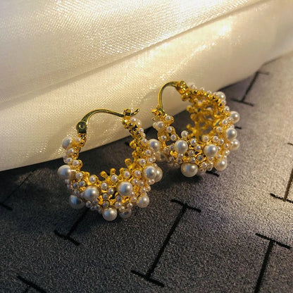 Women’s Gold Hoop Earrings with Imitation Pearls Stainless Steel