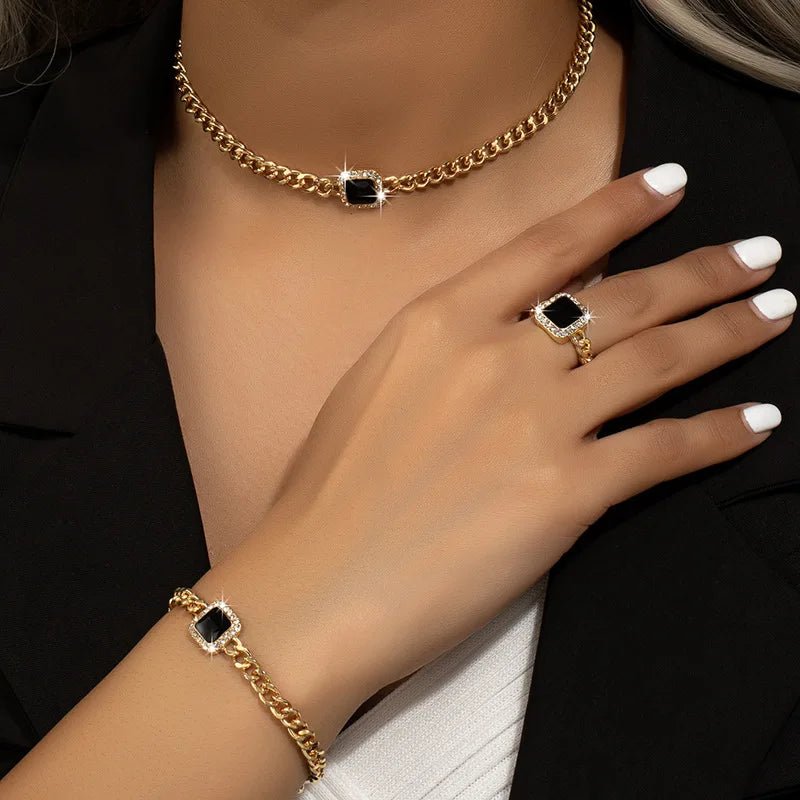 Women’s Jewelry Set Black Stainless Steel Diamond Cuban Chain Ring