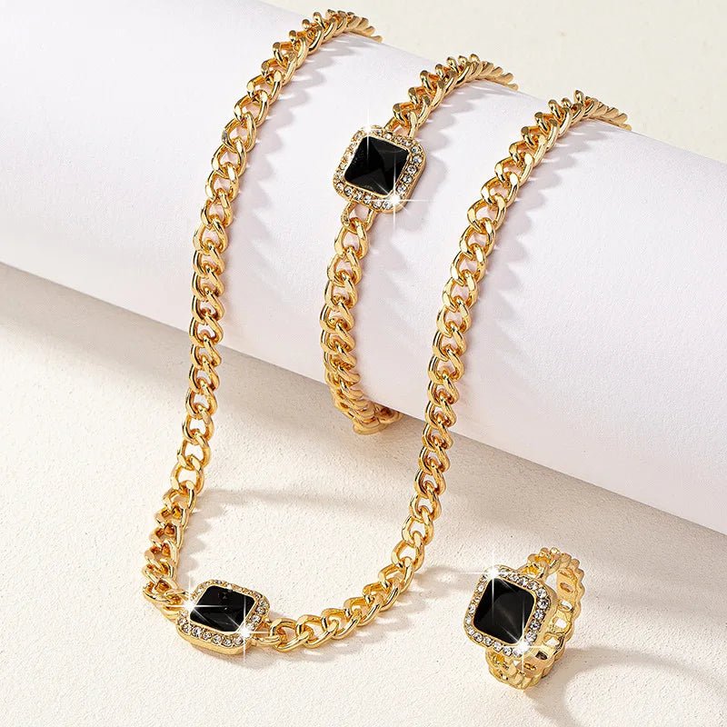 Women’s Jewelry Set Black Stainless Steel Diamond Cuban Chain Ring