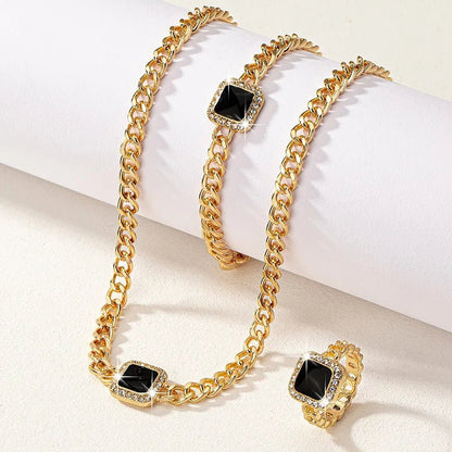 Women’s Jewelry Set Black Stainless Steel Diamond Cuban Chain Ring