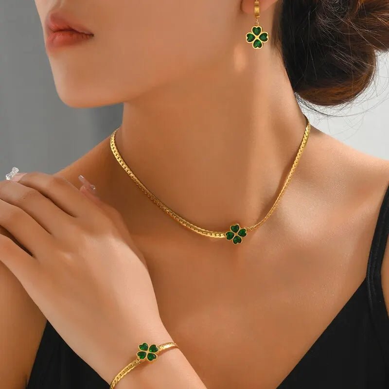 Women’s Jewelry Set Emerald Stainless Steel Necklace and Earring