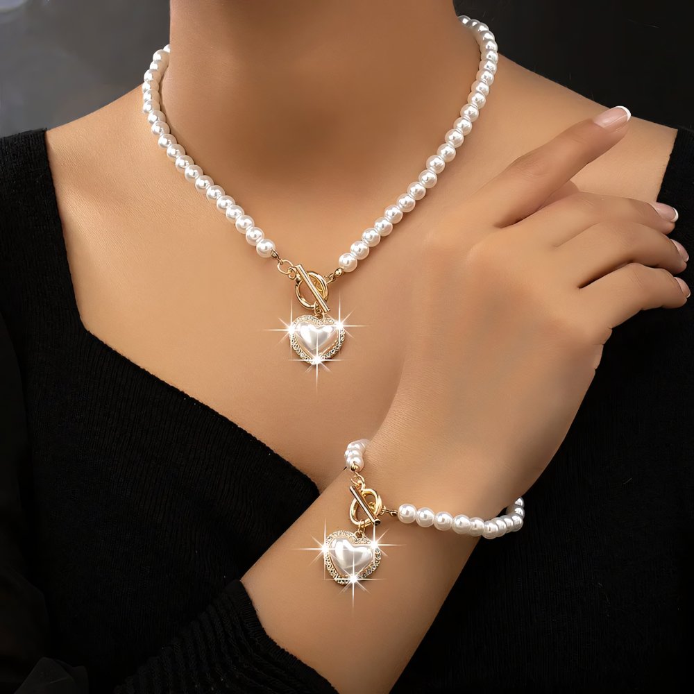 Women’s Jewelry Set White Pearl Stainless Steel Beaded Heart Pendant